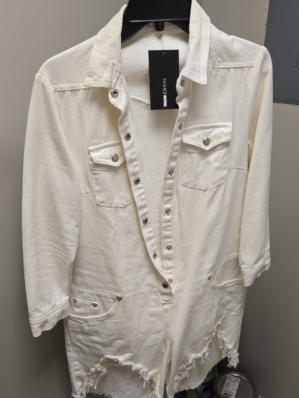 Fashion Nova Off-White Distressed Button-Front Utility Romper